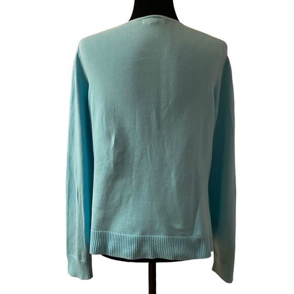 Lands’ End Lightweight‎ Aqua Long Sleeve Cardigan with Front Ruffle Size Medium - Picture 4 of 11